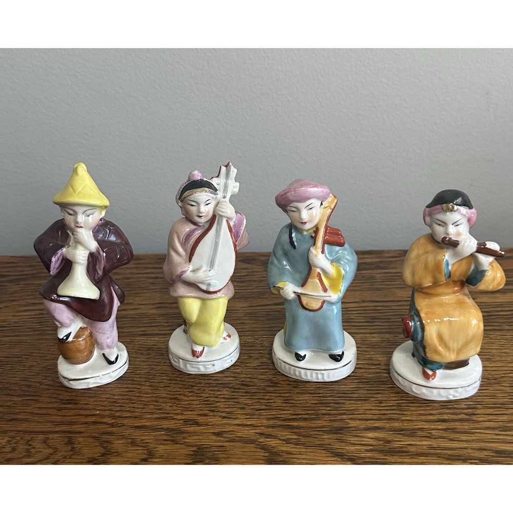 Vintage Occupied In Japan Asian Musicians Hand Painted Figurines. 4 Set 1940's